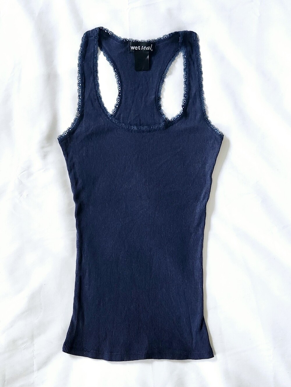 Vintage Wet Seal Navy Blue Ribbed Tank Top with Lace Trim, XS